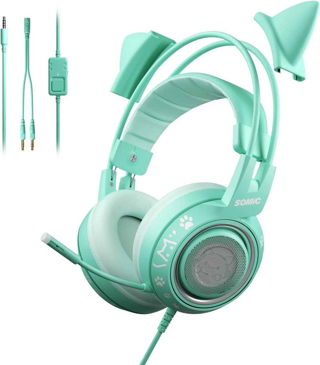 Somic G951S Green Gaming Headset mit Mikrofon für PS4, PS5, Xbox One, PC, Cat Ear Kopfhörer über Ohr