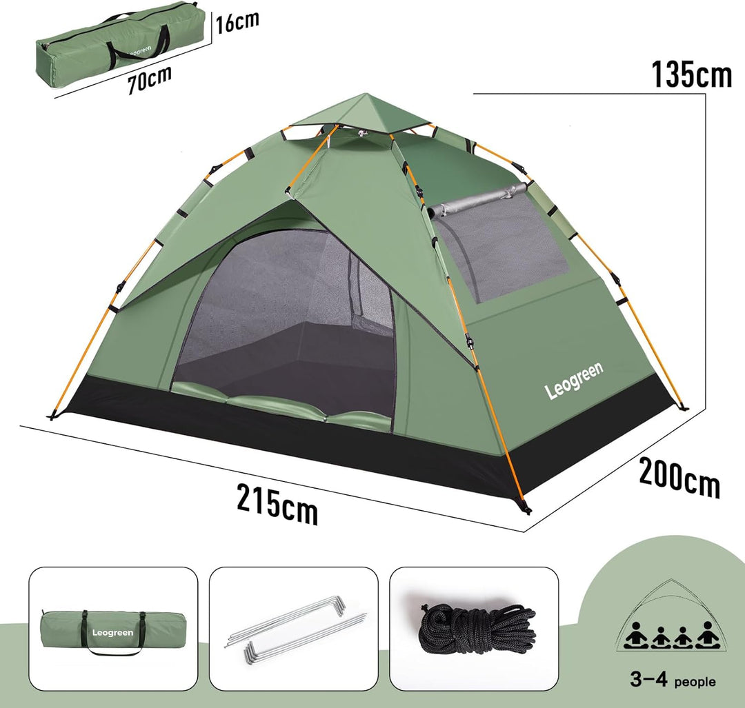 Leogreen Camping Zelt Automatik Kuppelzelt 3-4 Personen, Wasserdicht UV-Schutz Pop Up Zelt mit Trage