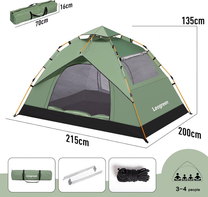 Leogreen Camping Zelt Automatik Kuppelzelt 3-4 Personen, Wasserdicht UV-Schutz Pop Up Zelt mit Trage