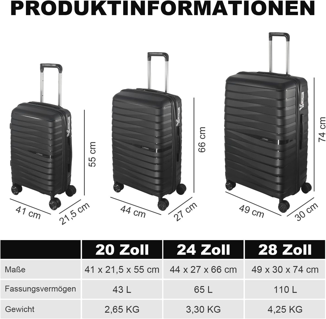 Hartschalen Kofferset 3-teilig, Schwarz | Polypropylen, 55/66/74 CM (43L/65L/110L), TSA Zahlenschlos