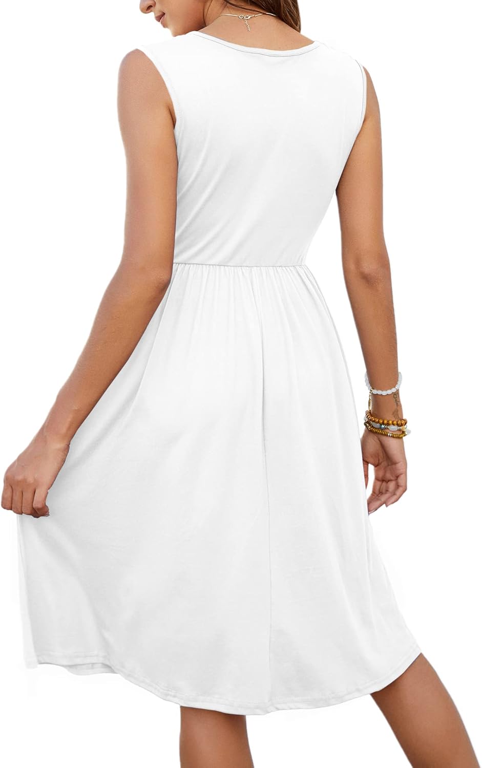 MOLERANI Damen Sommerkleider Ärmellos Lässig Locker Swing Button-Down Midikleid mit Taschen M Weiss,