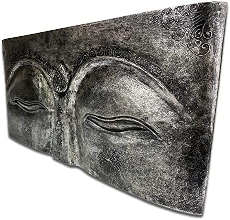 FaHome Meditatives Buddha Relief Wandbild aus Albesiaholz - Handgefertigt, 78x40x4 cm, Silber