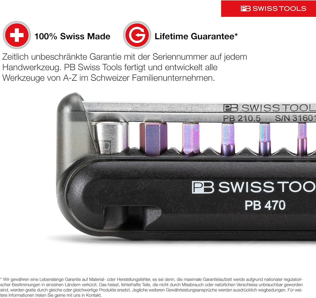 PB Swiss Tools Fahrrad Multitool PB 470-100% Swiss Made - Multitool Werkzeug mit Bits, Winkelschraub