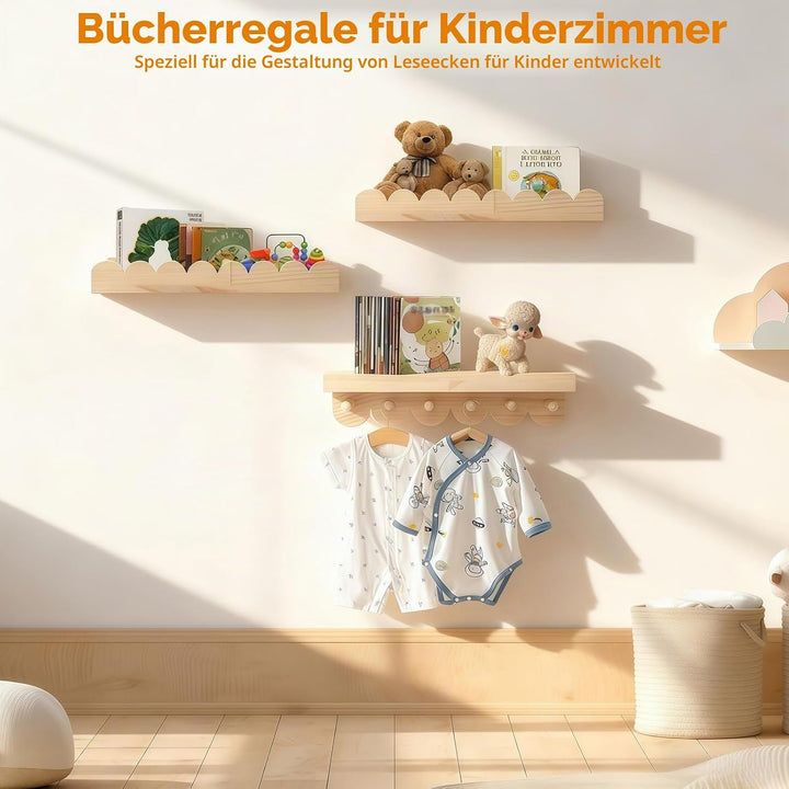 Wandregal Holz Kinderzimmer, 3PCS Bücherregal Kinder Wand mit Holzhaken,Schweberegal ideal für Büche