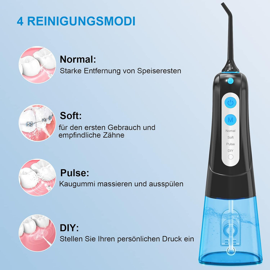 SURFOU Munddusche Kabellos Mundduschen 300ML 4 Modi 4 Düsen, Mundduschen Reise Water Flosser IPX7 Wa