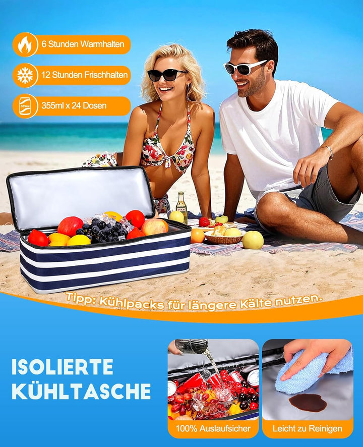 ISEYOU Strandtasche XXL Familie mit Kühltasche, Gross Strandtasche mit Reissverschluss Wasserdicht S