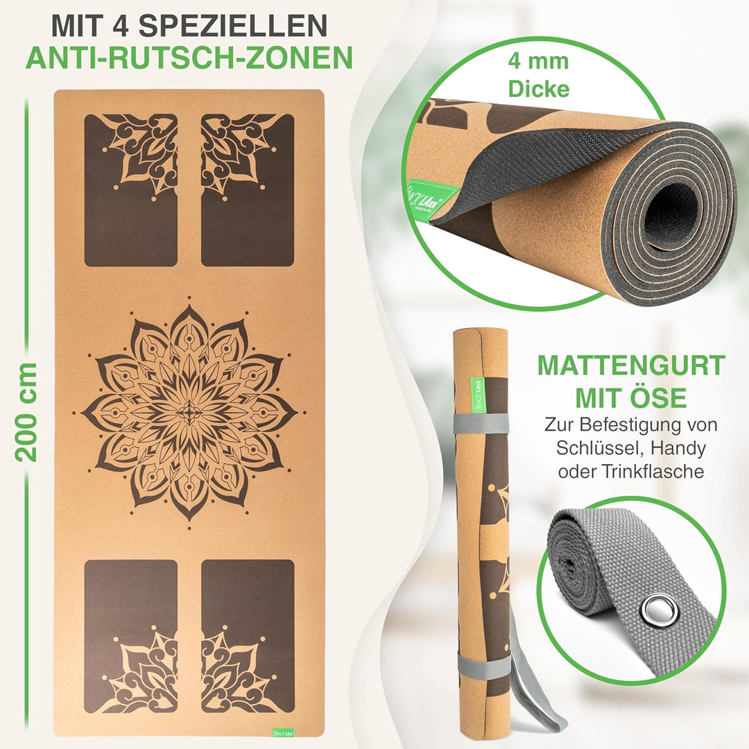 BACKLAXX ® Yogamatte Kork XXL [50% mehr Fläche] mit Naturkautschuk | Yoga-Matte rutschfest | nachhal