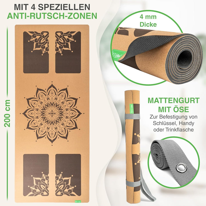 BACKLAXX ® Yogamatte Kork XXL [50% mehr Fläche] mit Naturkautschuk | Yoga-Matte rutschfest | nachhal
