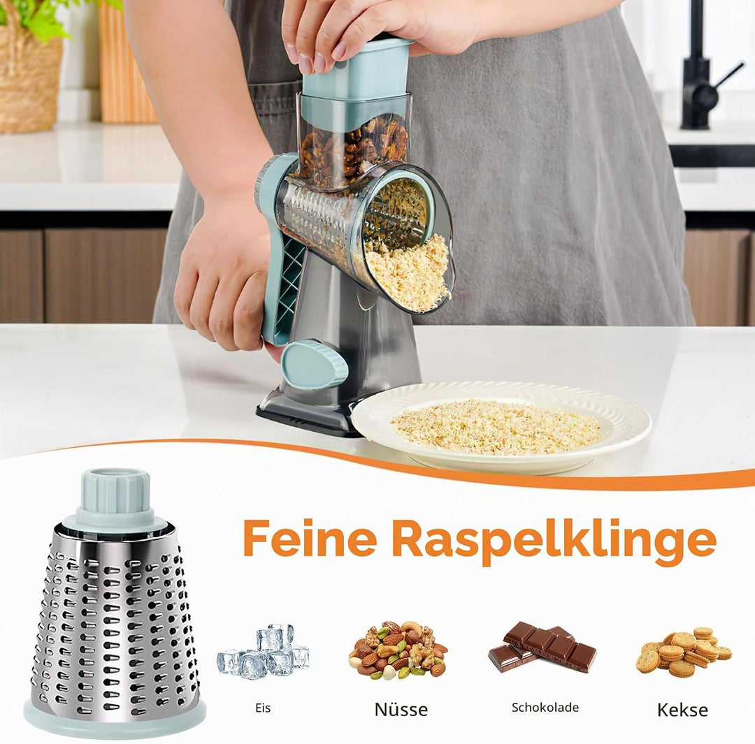 Cheese Grater, Käsereibe mit Kurbel, Trommelreibe, Gemüsehobel Reibe mit 3 Trommelklingen, manuell r