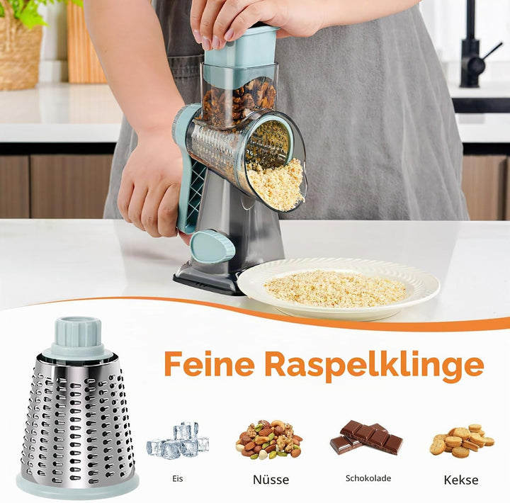 Cheese Grater, Käsereibe mit Kurbel, Trommelreibe, Gemüsehobel Reibe mit 3 Trommelklingen, manuell r