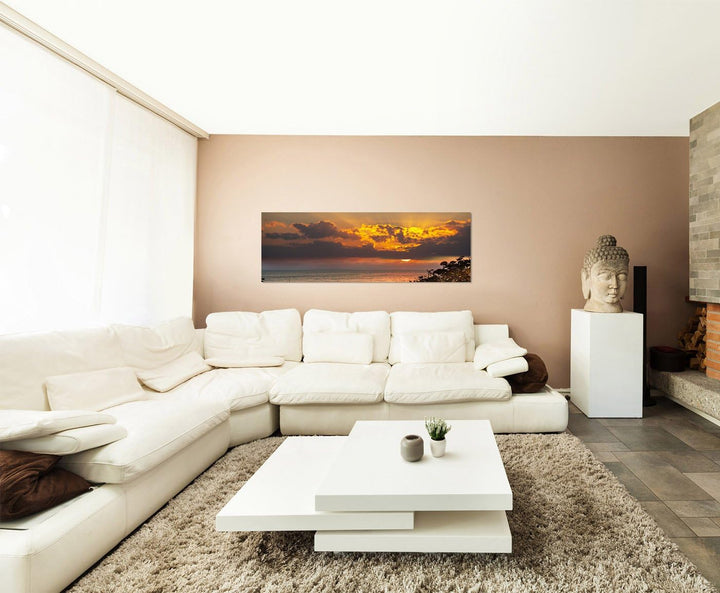 Paul Sinus Art Panoramabild auf Leinwand und Keilrahmen 150x50cm Steg Strand Meer Wolken Sonnenunter