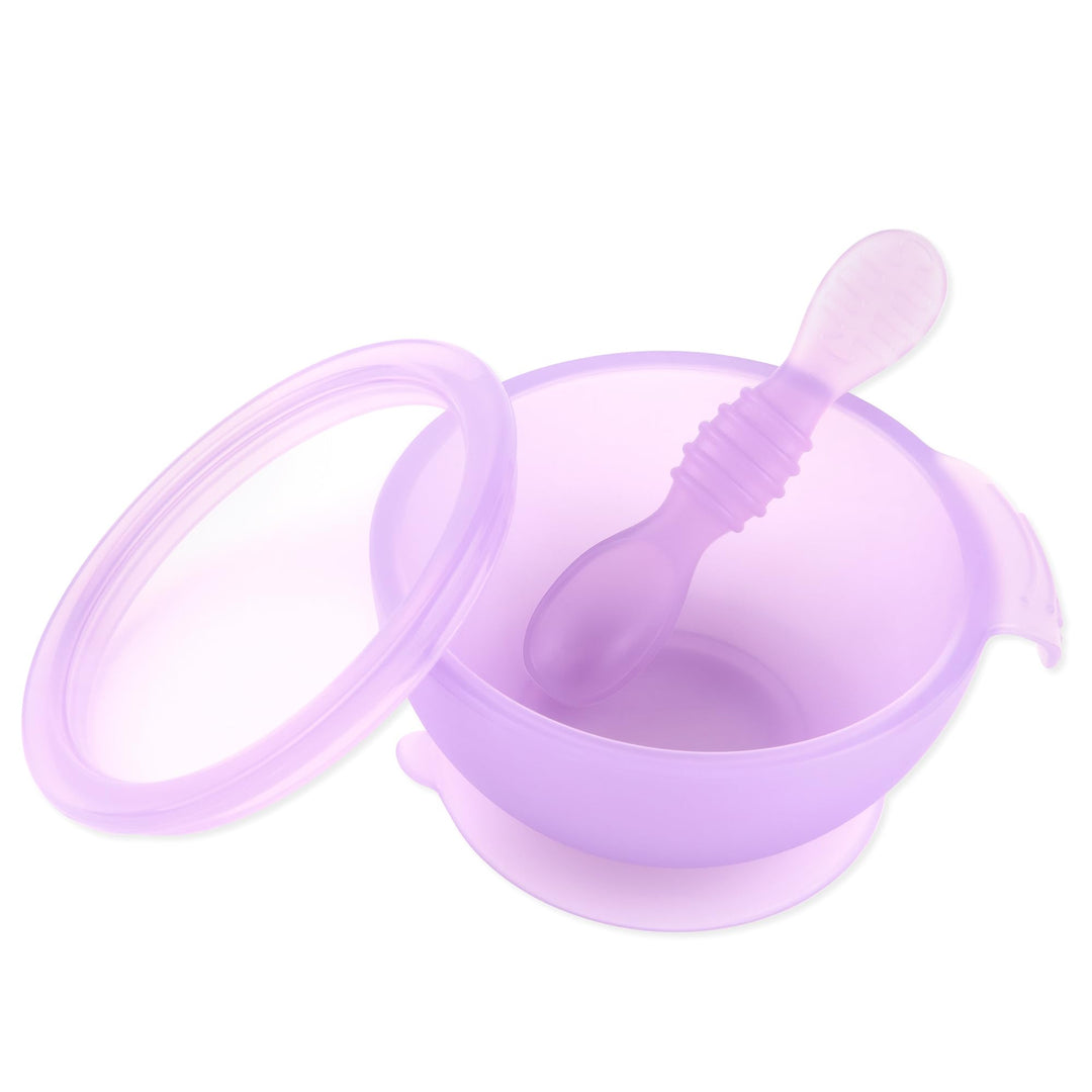 Bumkins - Erstes Baby Fütterungsset aus Silikon mit Saugnapf, Deckel und Löffel, Violet Jelly Jelly