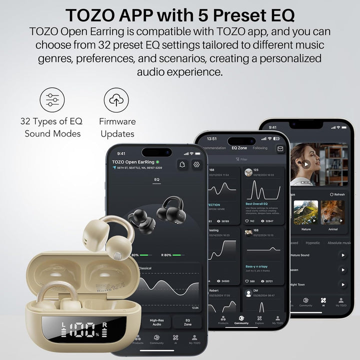 TOZO OpenEarRing Open Ear Kopfhörer, Bequem Clip On Kopfhörer, Kopfhörer Kabellos Bluetooth 5.4, Blu