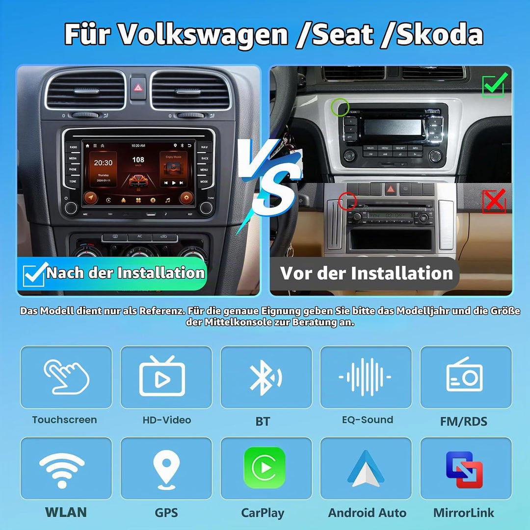2+64G Autoradio für VW Golf Tiguan Touran Passat Polo Skoda Caddy Seat mit Kabellosem Carplay/Androi