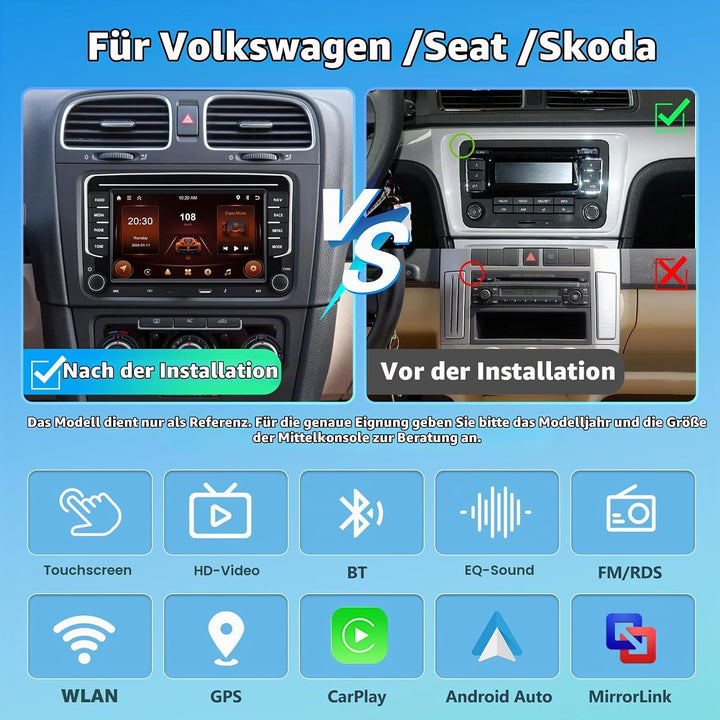 2+64G Autoradio für VW Golf Tiguan Touran Passat Polo Skoda Caddy Seat mit Kabellosem Carplay/Androi