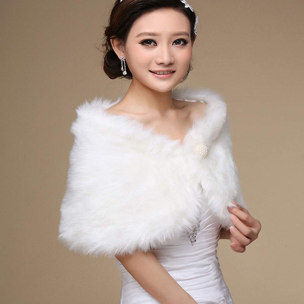 Womens White Kunstpelz Braut Wrap Stola Schal Cape Hochzeit Künstliche Perle Ball Verschönerung Wint