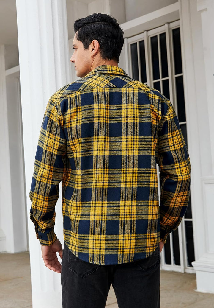 HISDERN Herren Hemd Checked Flanell Shirt, Herren Langarm Oberteil für Männer mit Brusttaschen, Butt