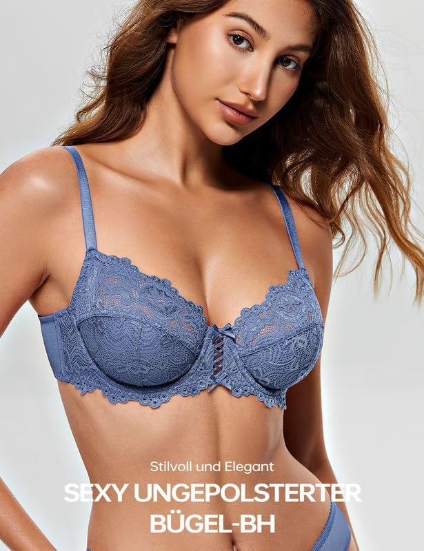 Wingslove Damen BH aus floraler Spitze Lace BH Bügel BH Ungepolstert Soft Cup Vollschalen 70B Mondsc