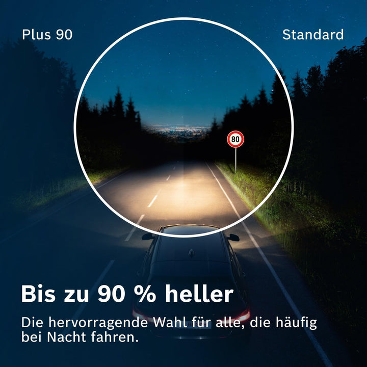 Bosch H4 Plus 90 Halogen-Glühlampe für Auto-Scheinwerfer, 12 V 60/55 W, 90% mehr Licht - Lampensocke