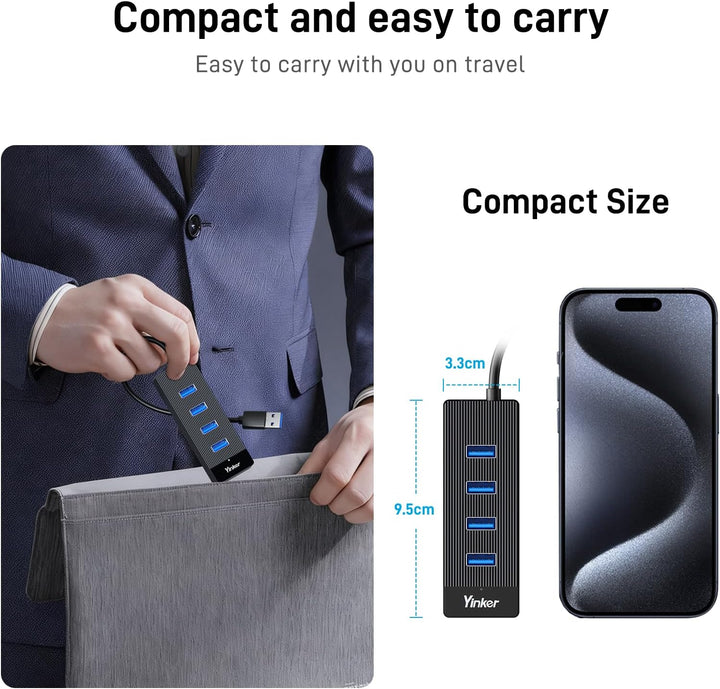 3m USB 3.0 Hub 4 Port 5Gbps Geschwindigkeit & 5V USB-C Stromversorgung – USB Hub Splitter für Büro,