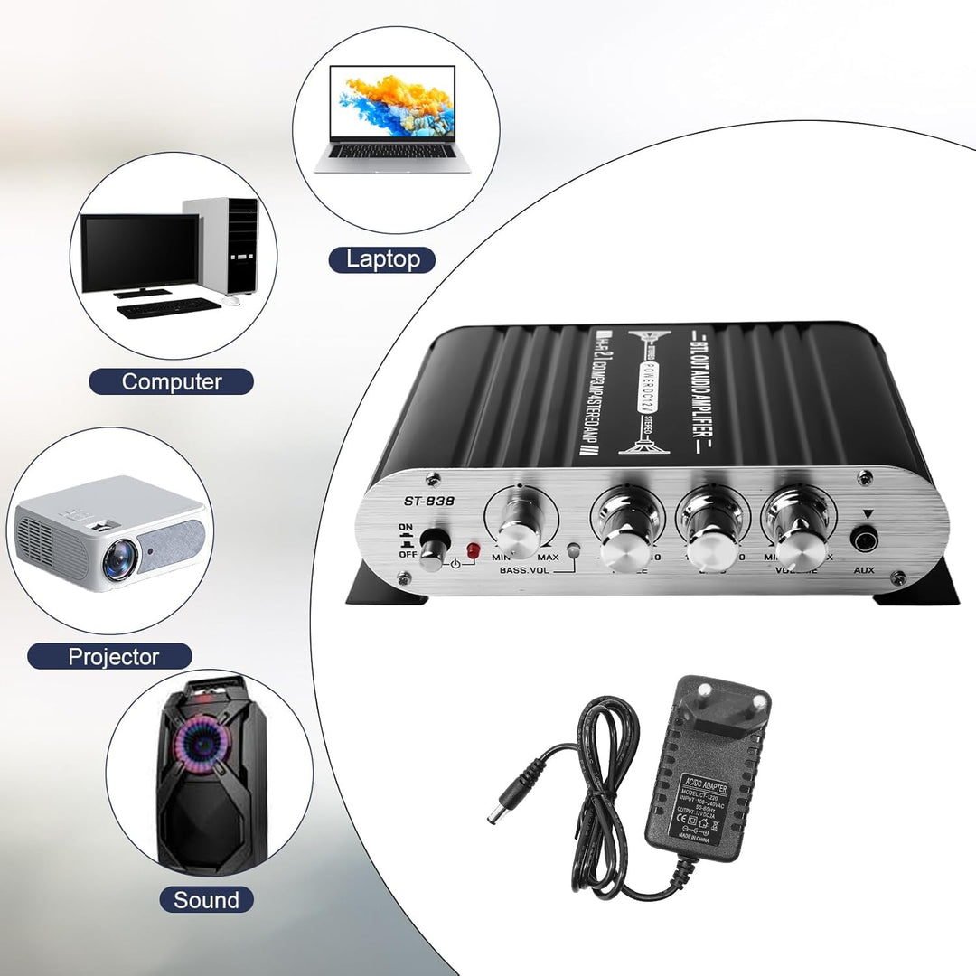 HiFi Audio Verstärker, RMS 20Wx2+40W ST-838 Mini Hifi Verstärker mit Subwoofer Ausgang KlasseD, Ster