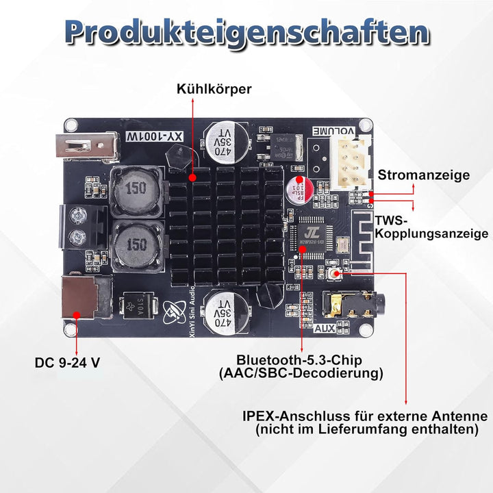 Bluetooth Verstärker Modul,TWS DC 9-24V 100W Mono Audio Verstärkerplatine mit AUX USB Bluetooth Plat