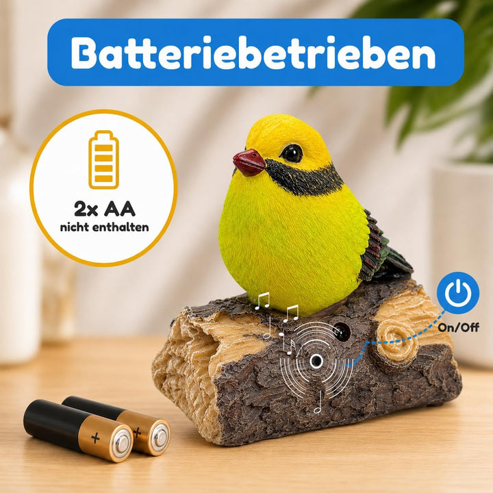 MIJOMA Dekovogel mit Vogelgezwitscher & Bewegungsmelder – Zwitschernder Vogel auf AST, Handbemalt, 1