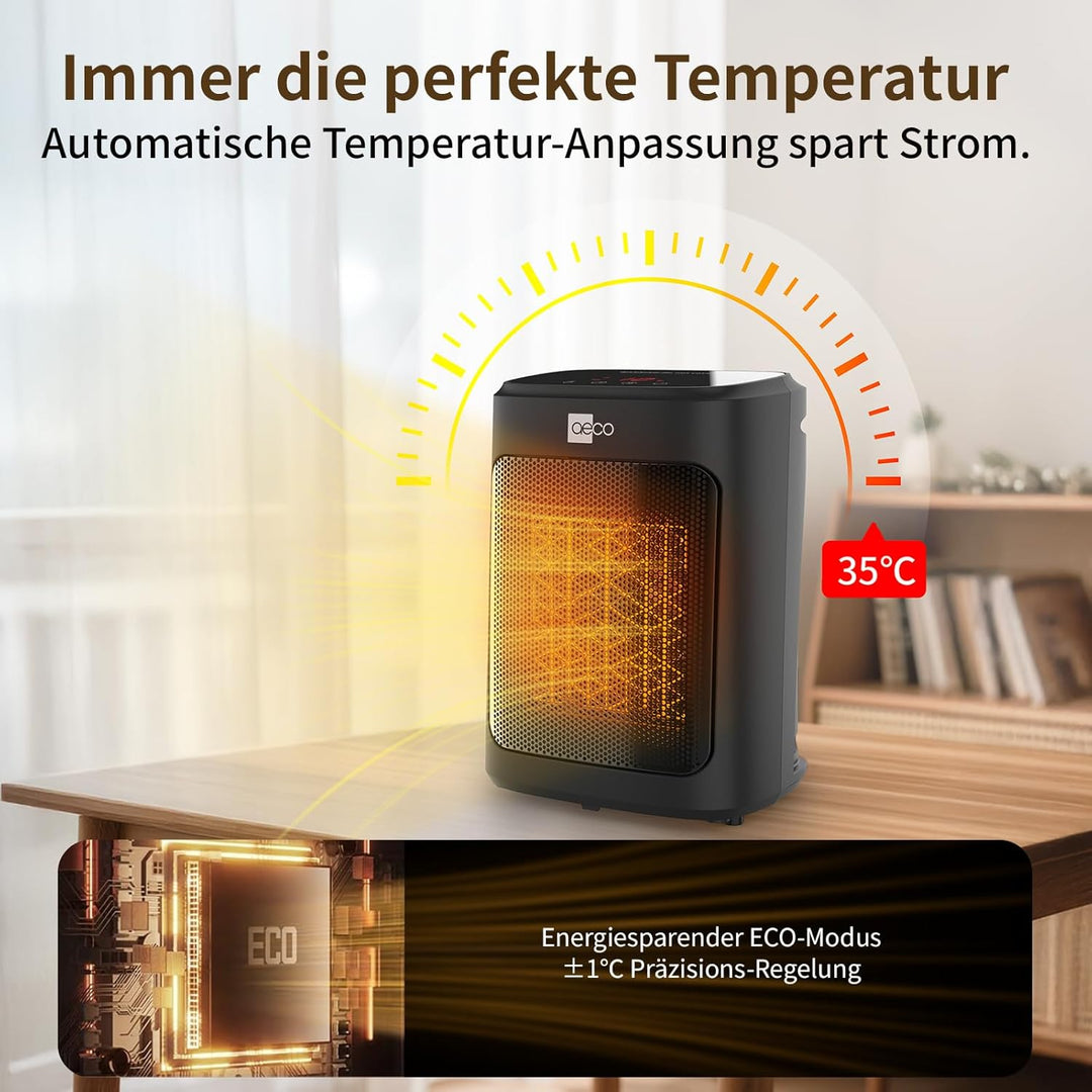 aeco EcoHeat Core 2000W Heizlüfter Energiesparend klein LED Touch ECO-Modus leise Mini Heater 24 Std