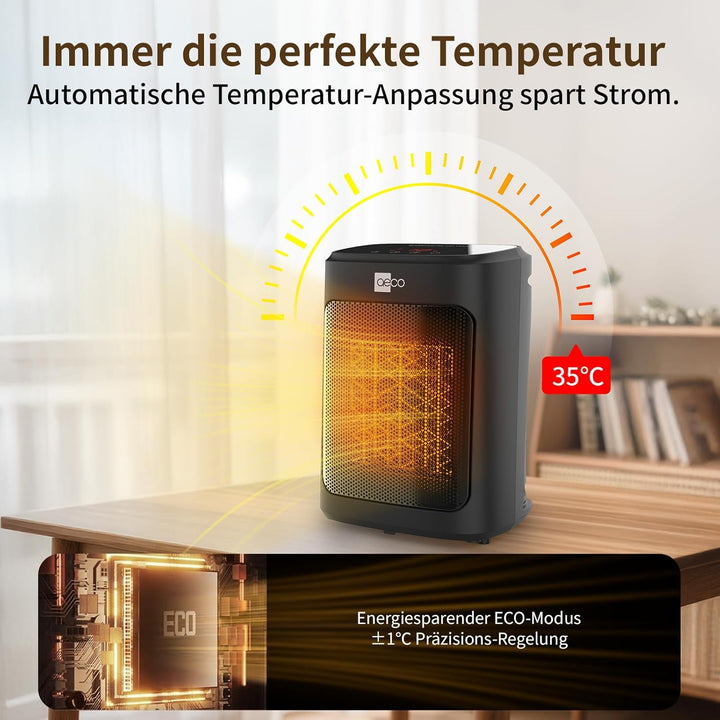 aeco EcoHeat Core 2000W Heizlüfter Energiesparend klein LED Touch ECO-Modus leise Mini Heater 24 Std