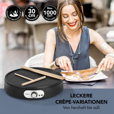 MAXXMEE Crepes Maker mit Teigverteiler & Wender aus Holz | Crêpe Maker mit Ø 30 cm, antihaftbeschich