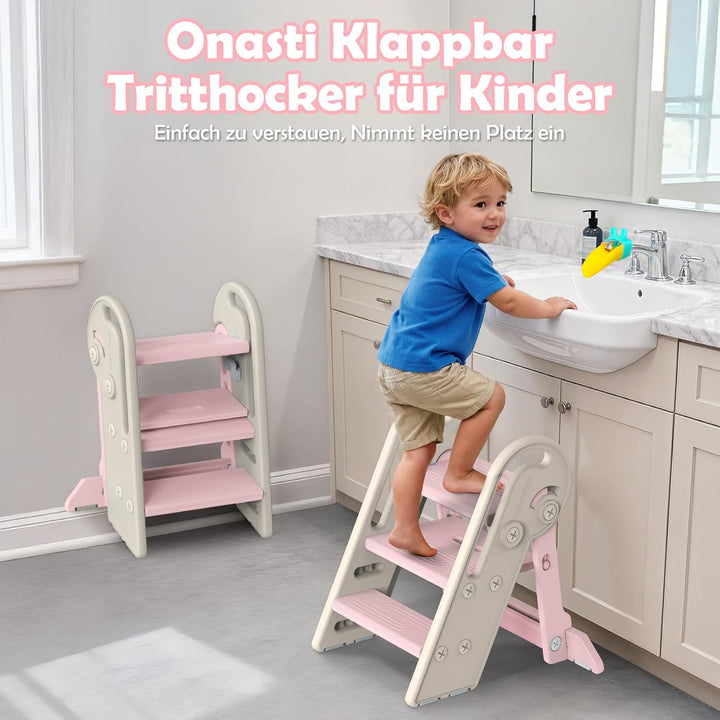 Onasti Tritthocker Kinder, Höhenverstellbar 3 Stufen Hocker Kinder, Trittschemel für Baby mit Handha