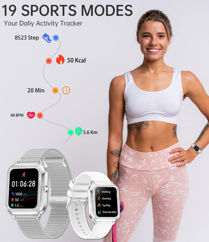 Erkwei Smartwatch Damen mit Bluetooth Anrufe 1.59" Zoll Touchscreen Fitness Tracker Schrittzähler He