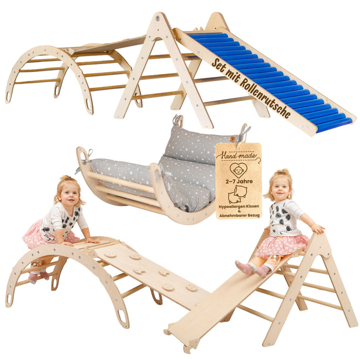WoodsCraft 4in1 Set: Kletterdreieck mit Rutsche Indoor/Klettern Rampe, Rollenrutsche & Kletterbogen