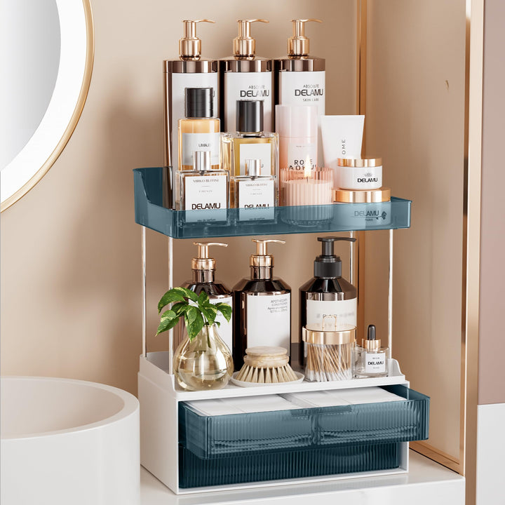 Delamu Make Up Organizer mit 2 Schubladen, 2 Etagen Kosmetik Organizer, Multifunktions Grösser Kosme