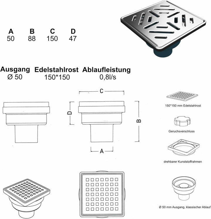 Duschablauf 150x150 mm Edelstahl – Bodenablauf mit Geruchsverschluss – Ablauf Dusche Bad – Ablaufgar