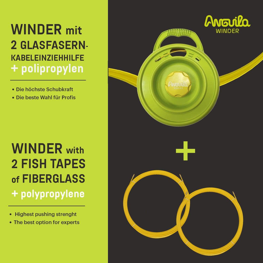 Anguila Max | Einziehband Aufwickler | 2 Kabeleinziehband | Glasfaser + Prolipropylen | Auswechselba