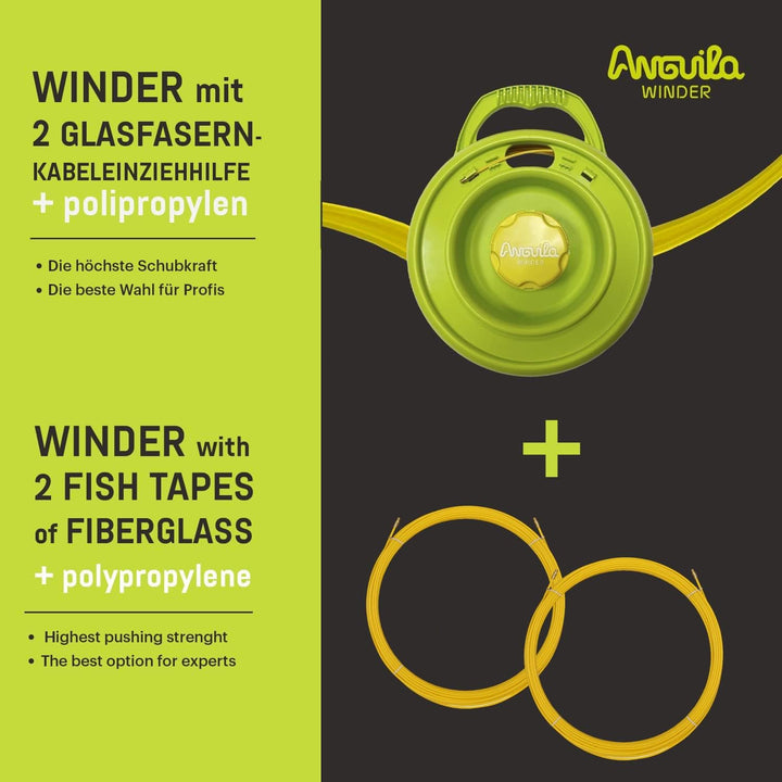 Anguila Max | Einziehband Aufwickler | 2 Kabeleinziehband | Glasfaser + Prolipropylen | Auswechselba
