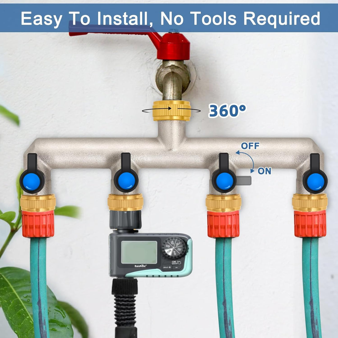 4-Wege Wasserhahn Wasserverteiler aus Messing für 4 Geräte/Gartenschläuche, 4er Verteiler 3/4" Adapt