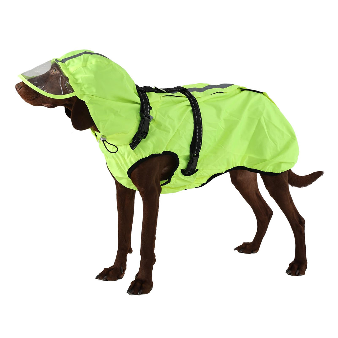Hunderegenmantel wasserdicht, Regenjacke mit reflektierenden Streifen, H-Brustgeschirr (D-Ring) & Ab