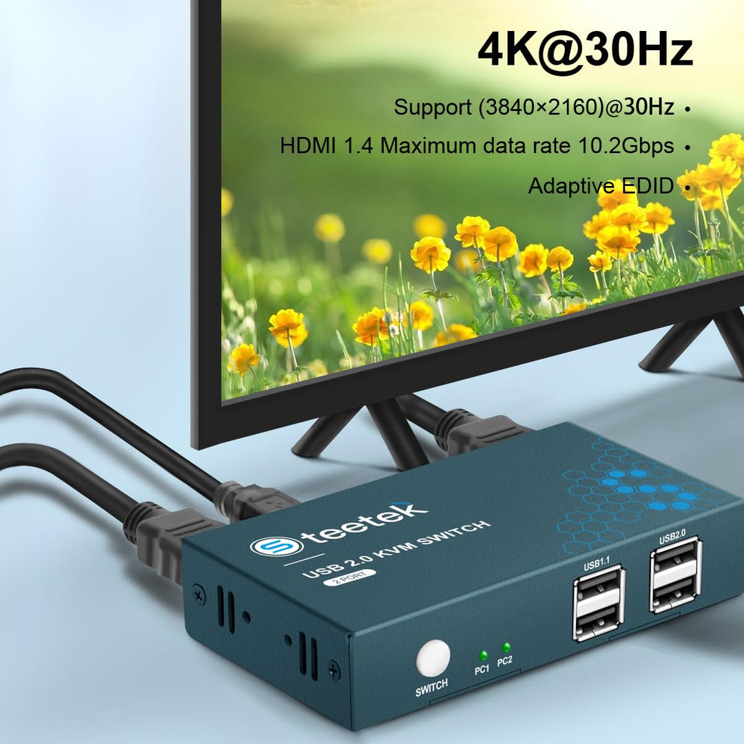 KVM Switch HDMI 2 Port, 4K@30Hz, USB2.0, 2 PC 1 Monitor Switch, Button Switch, Ultra HD, Compatible