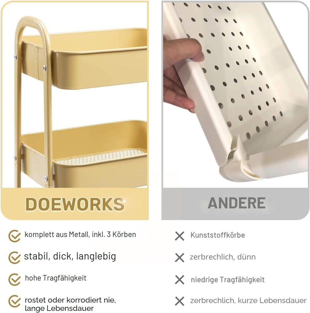 DOEWORKS Aufbewahrungswagen, 3-stöckig, aus Metall, Vielzweckwagen, Rollwagen, Trolleywagen, Aufbewa