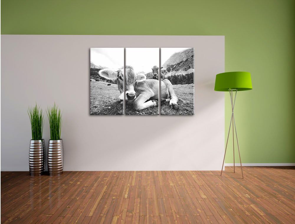 Pixxprint Almkuh in den Bergen als Leinwandbild/Grösse: 3 Teilig (120x80) cm/Wandbild/Kunstdruck/fer