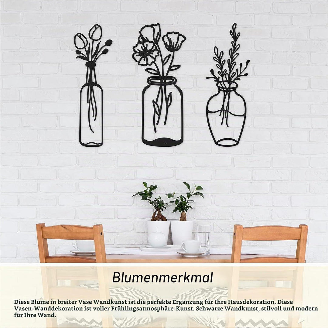 3 Stück Metall Blume Wanddekor Minimalistische Vase Wandkunst Schwarze Tulpe Draht Eisen Dekor Blume