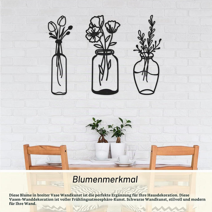 3 Stück Metall Blume Wanddekor Minimalistische Vase Wandkunst Schwarze Tulpe Draht Eisen Dekor Blume