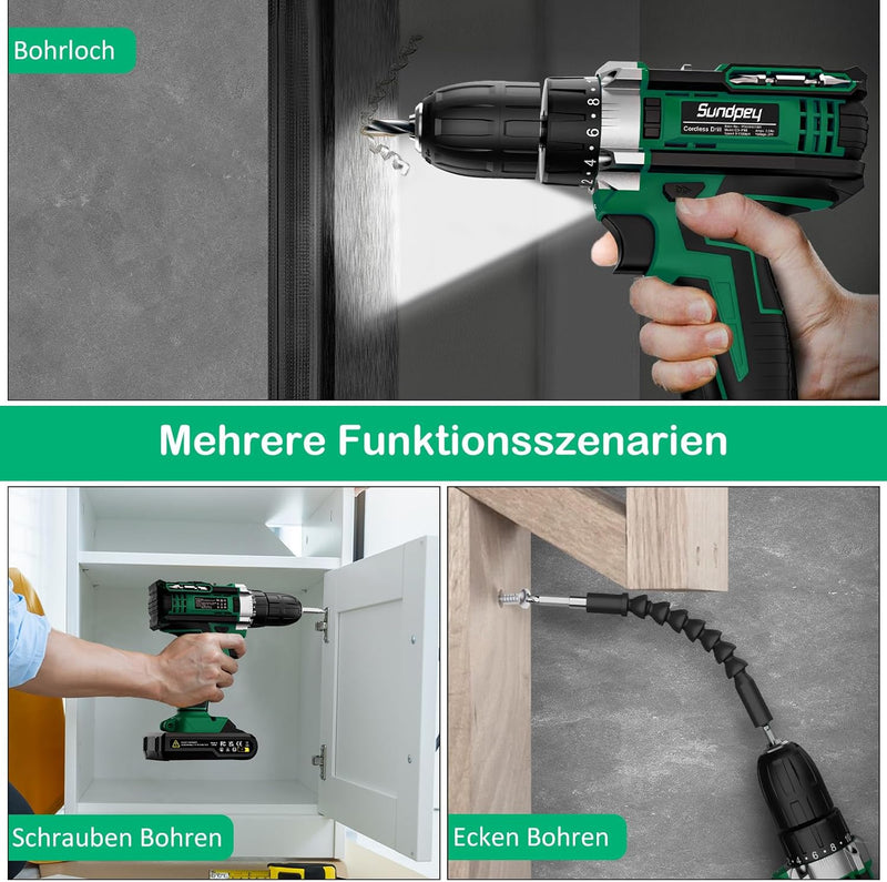 Sundpey Akkuschrauber 21V, Akku Bohrschrauber Set mit 2 Akkus 2.0Ah, 45Nm Max Akku Bohrmaschine, 2-G