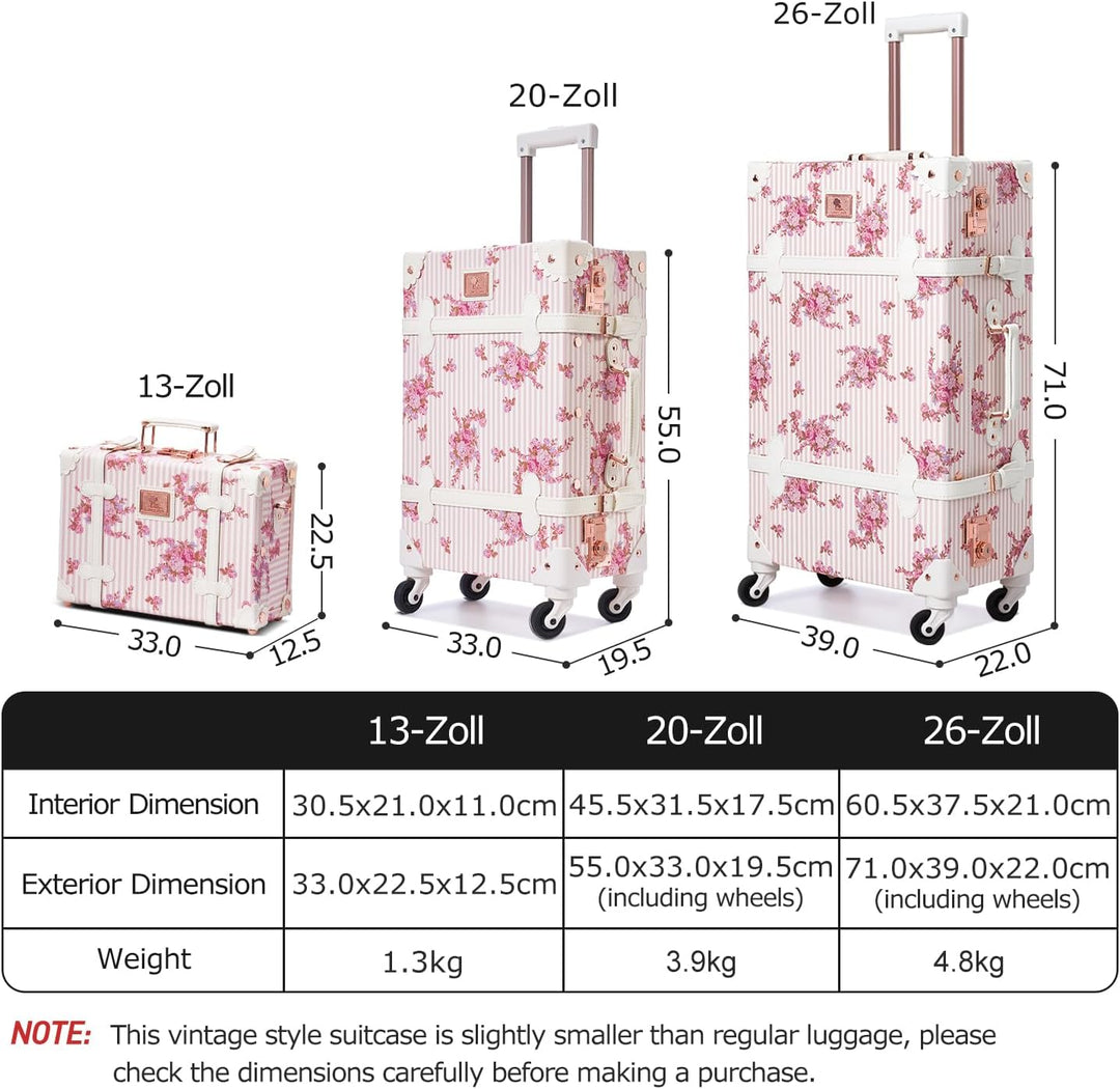 Unitravel Vintage Koffer Set 2 Teilig, Retro PU-Leder Handgepäck Koffer mit Kosmetikkoffer, Rosa Flo