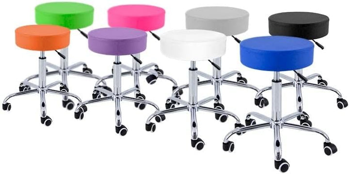 QUIRUMED Hocker mit Chrombasis, 5 Räder, Stahl, rosa Farbe, Kunstlederpolsterung, hochdichte Polster