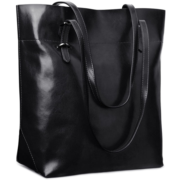S-ZONE Damen Echtleder Tasche Shopper Gross Tote Handtasche Henkeltasche (A-schwarz), Schwarz