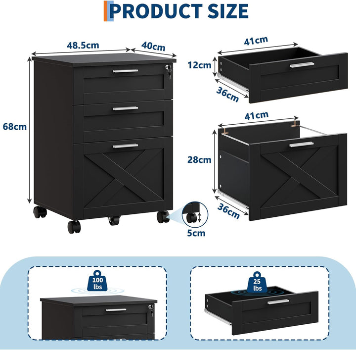 Litake Schubladenschrank, Rollcontainer, mobiler Aktenschrank, Metallschrank, Druckertisch, abschlie