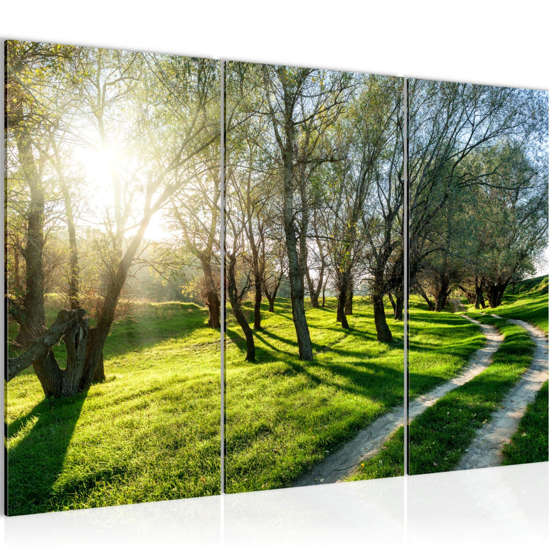 Runa Art Wandbilder Wald Landschaft Bild XXL Schlafzimmer Wohnzimmer Grün Sonne 120 x 80 cm 3 Teilig
